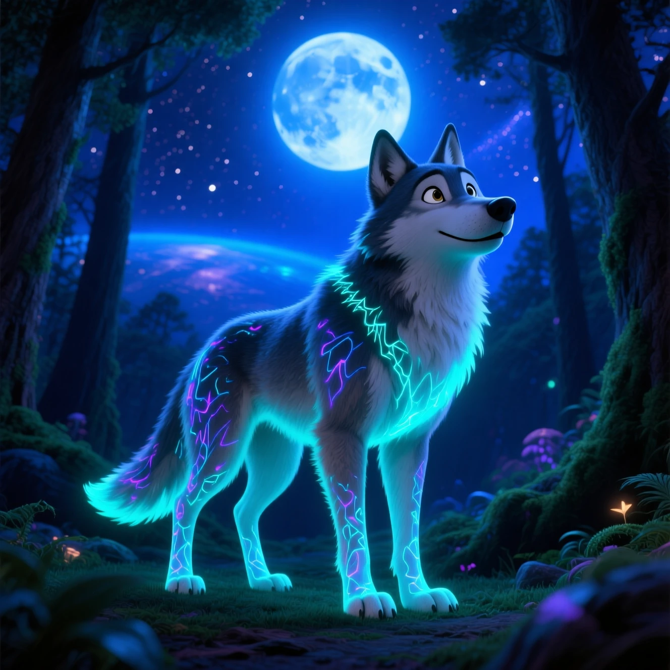 Lobo surreal de corpo inteiro uivando para a lua na floresta