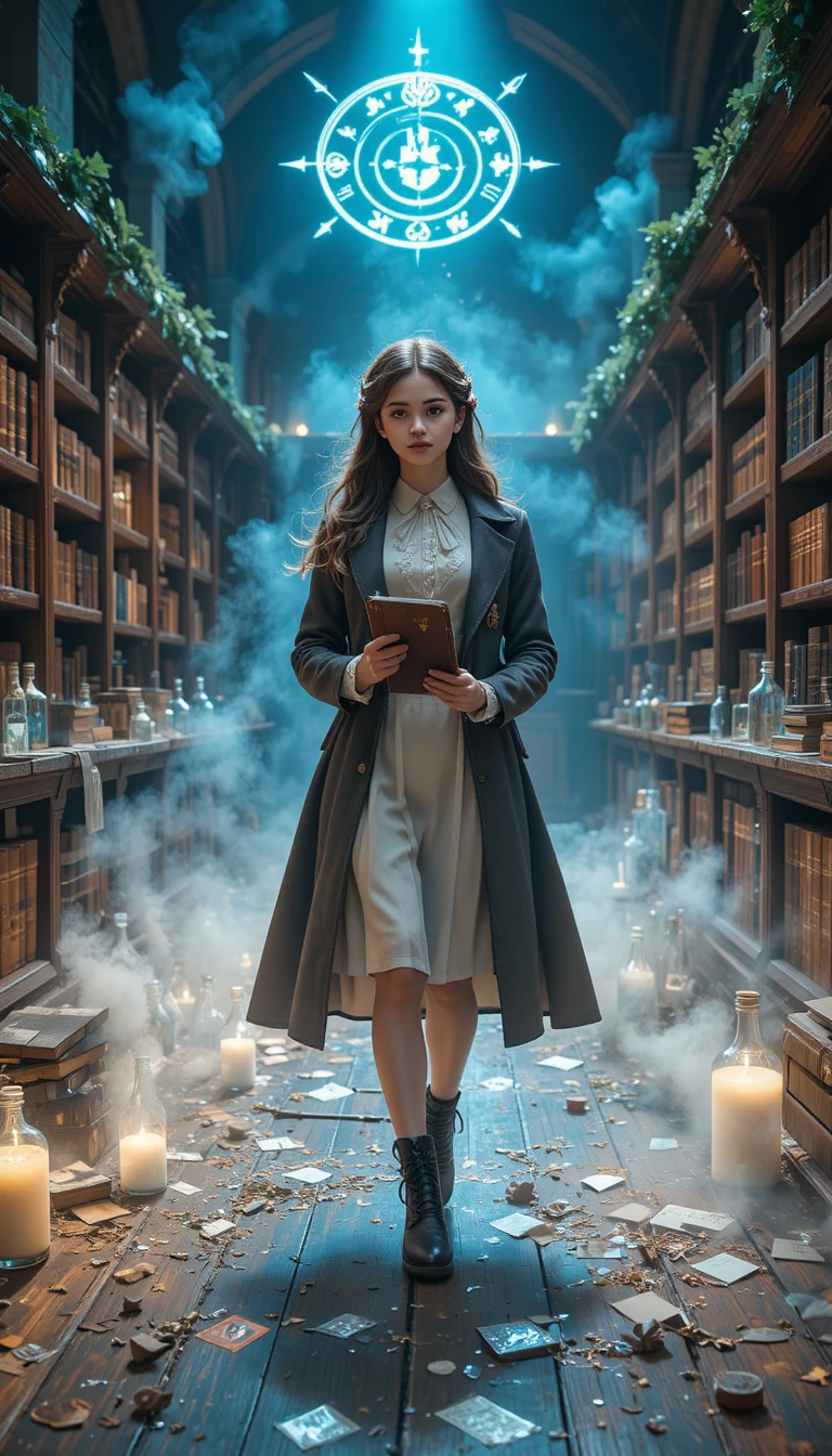 Ragazza che entra in un laboratorio magico nella biblioteca della scuola