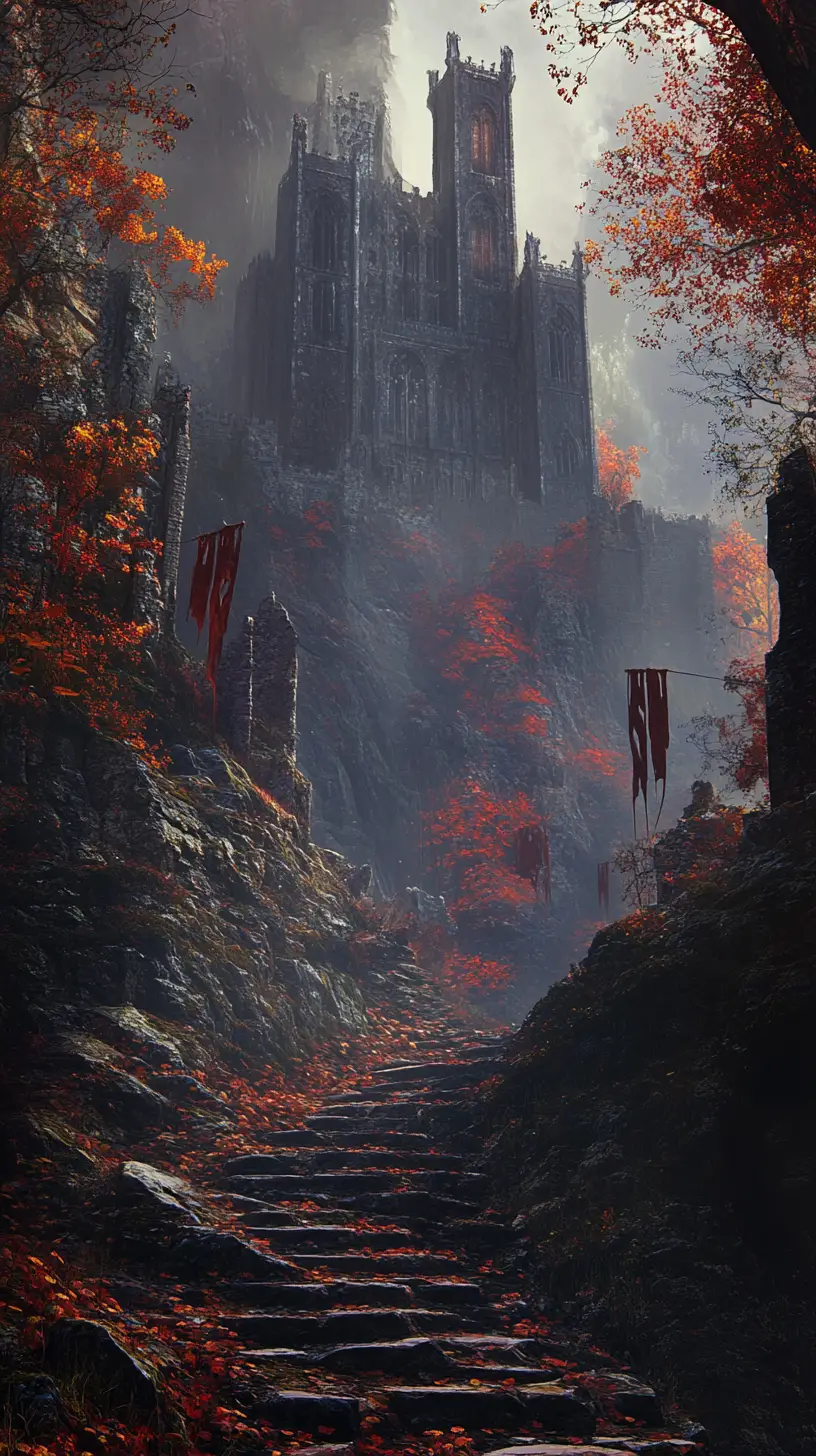 Bergfestungsruine im traumhaften Herbstnebel