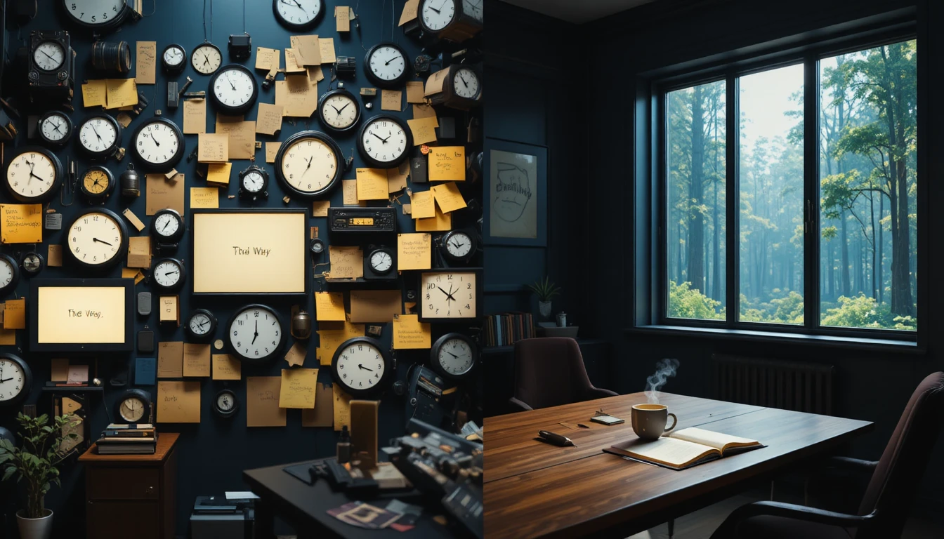 Workspace moderno diviso tra caos e minimalismo rilassante