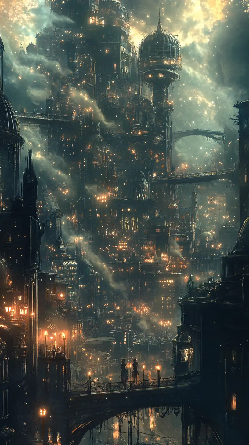 Lonely girl in a steampunk city of smoke and lights