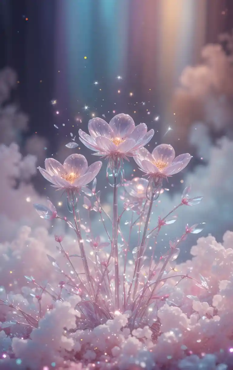 Delicate Glass Flower World With Rainbow Misty Background