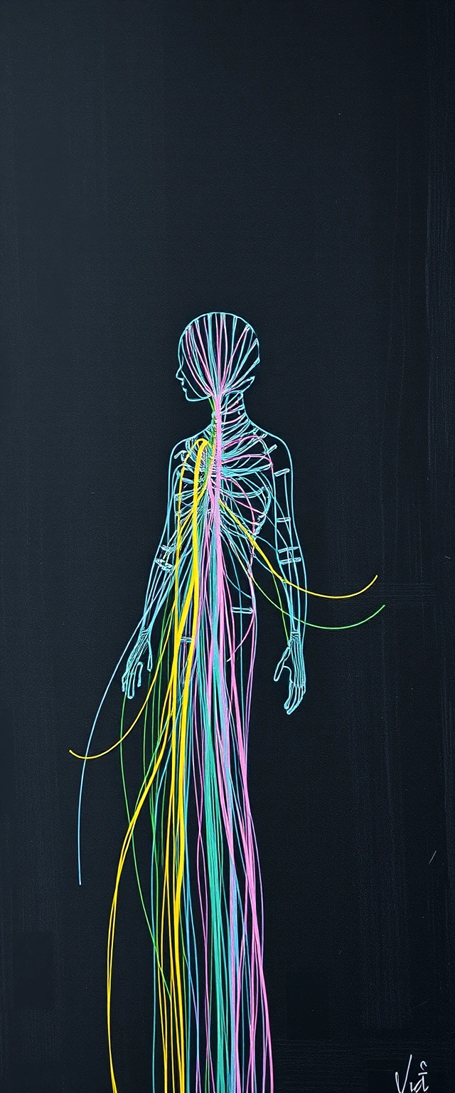 Silhouette humaine en lignes pastel sur fond abstrait sombre
