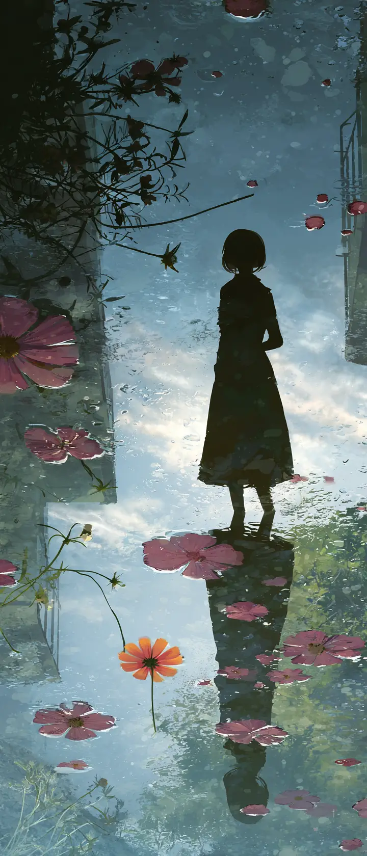 Silhouette di donna riflessa in una pozzanghera di pioggia con fiore