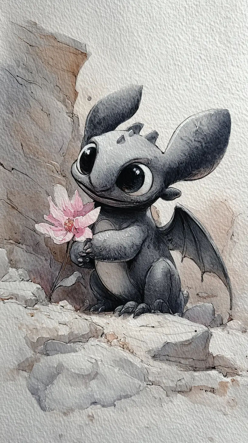 Cute grey dragon holding a pink flower on rocks