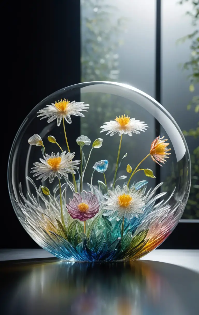 Flores de vidro delicadas em um mundo luminoso de vidro abstrato