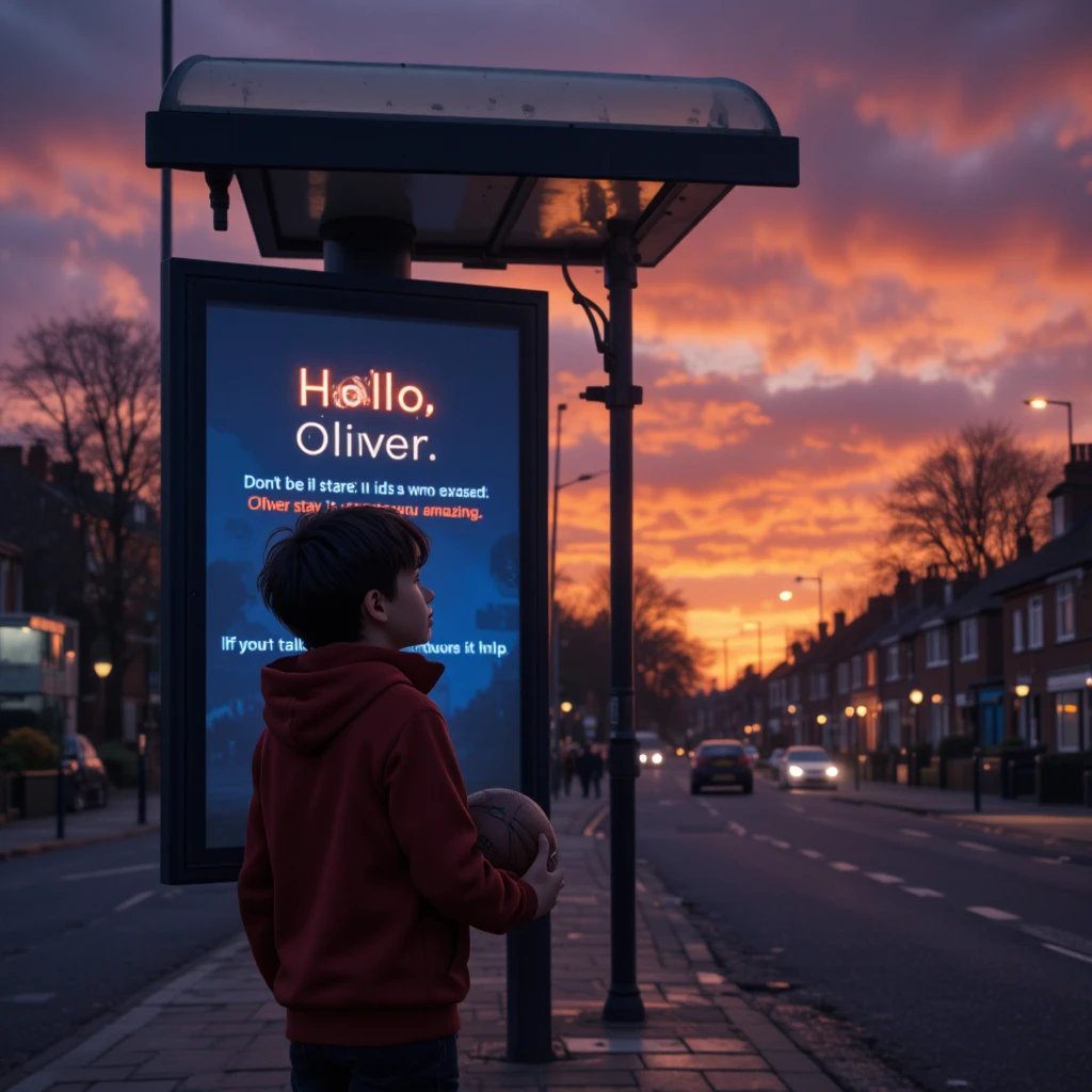 Garoto esperando em um ponto de ônibus iluminado no entardecer de Manchester