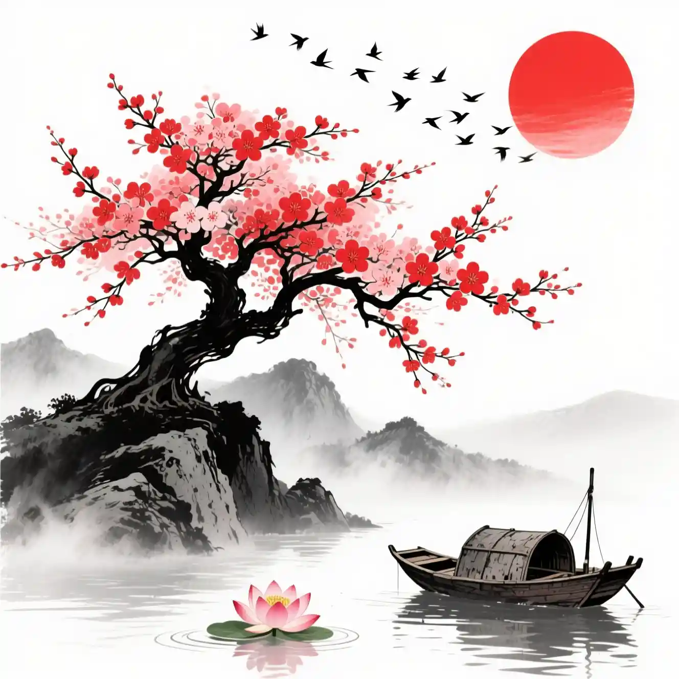 Ink cherry blossom tree on foggy mountain with red sun