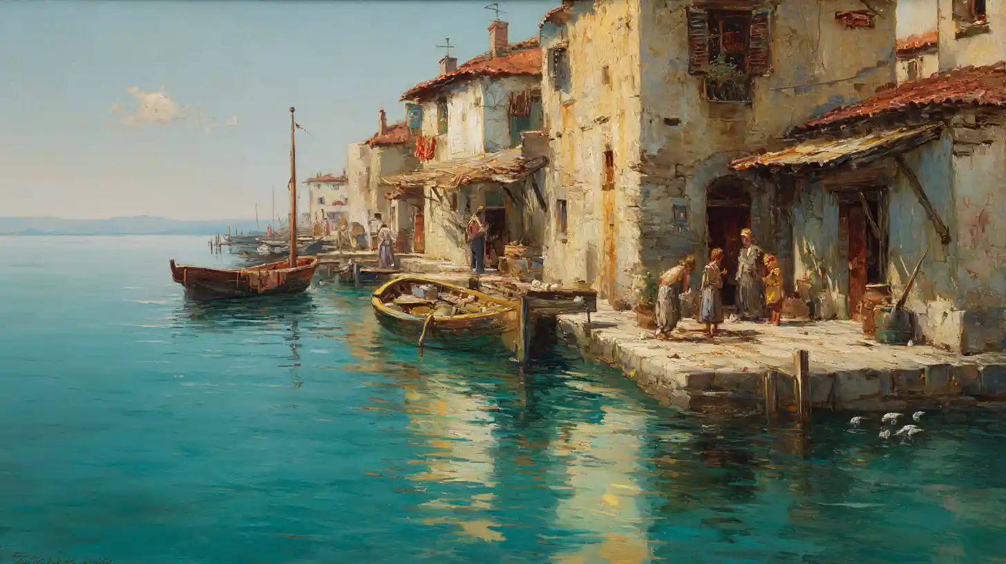 Dipinto a olio dorato di un rustico villaggio di pescatori mediterraneo