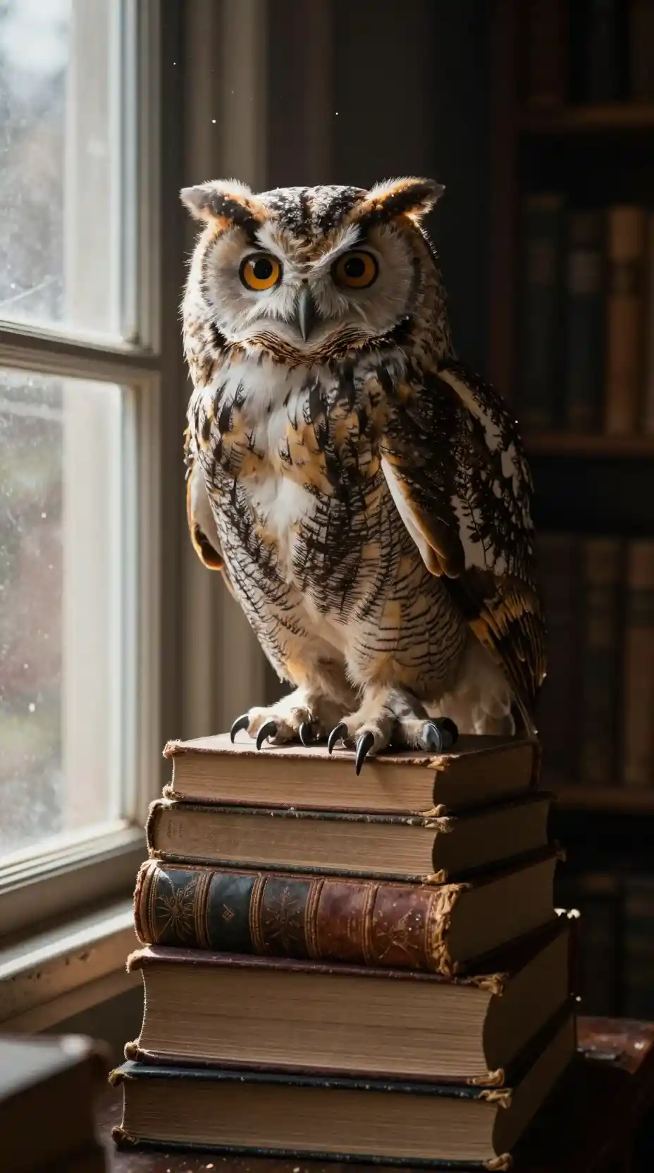 Wise owl on worn books in a softly lit study