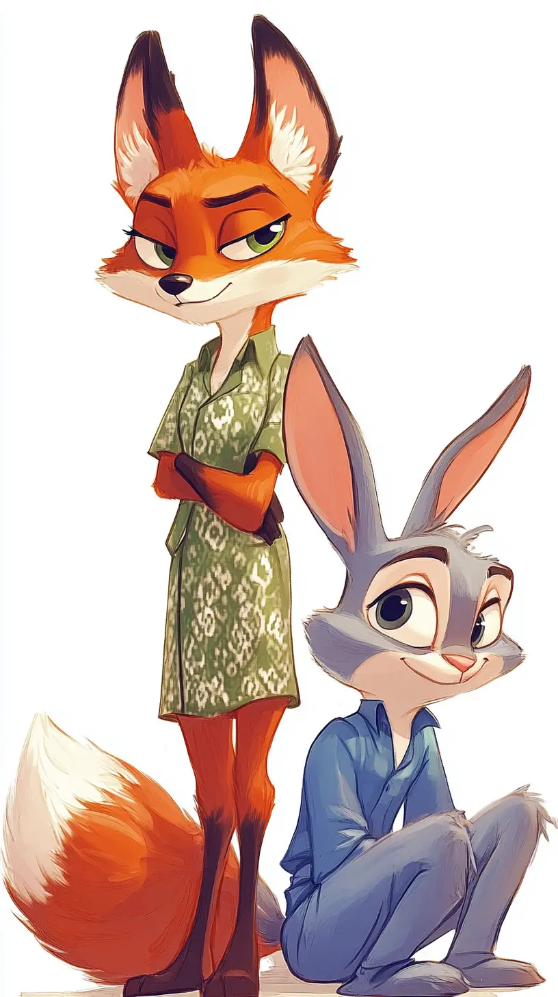 Cartoon fox and rabbit partners on a clean white background
