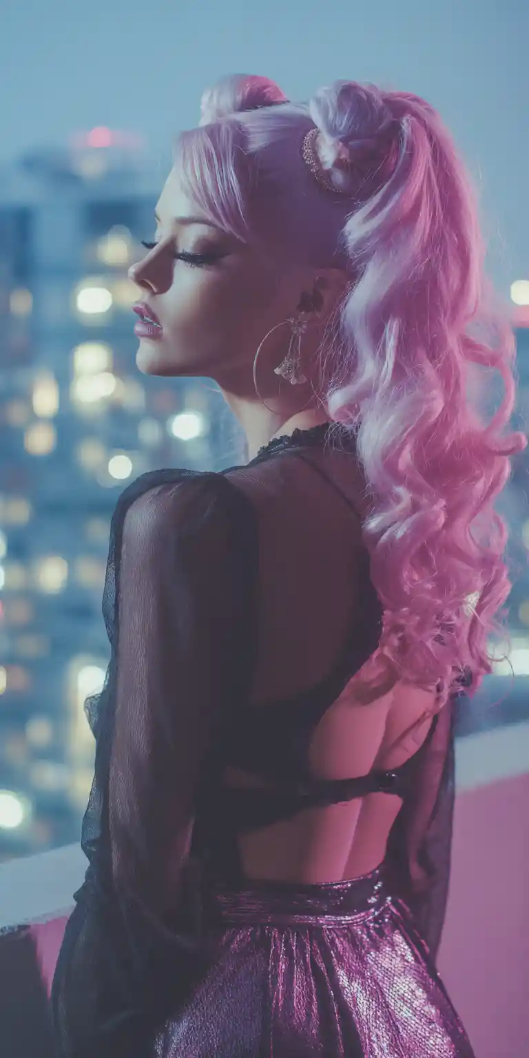 Stylish woman with long wavy hair and trendy city fashion