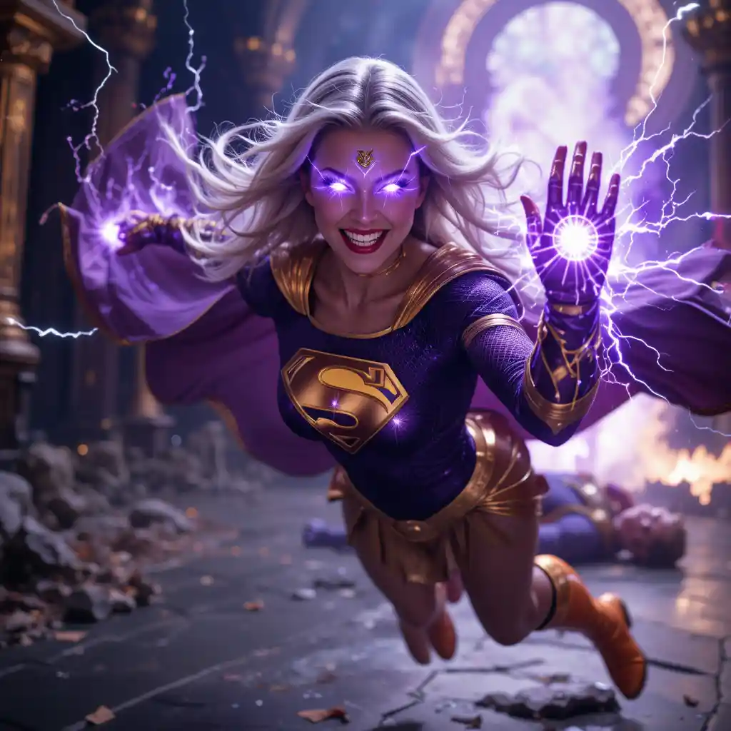 Powerful superwoman with glowing purple eyes and gauntlet