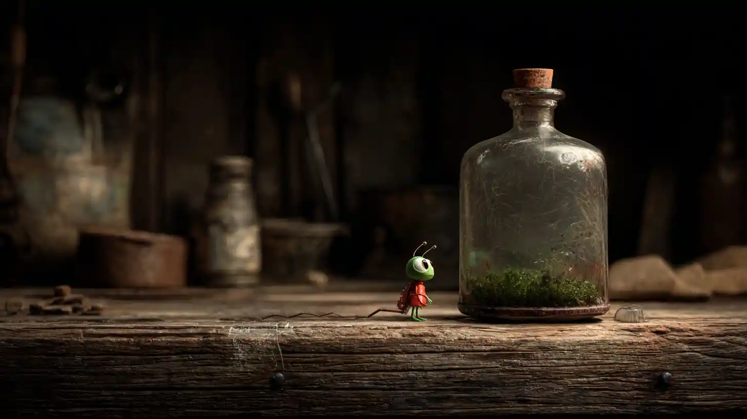 Tiny character beside glass bottle on old wooden table