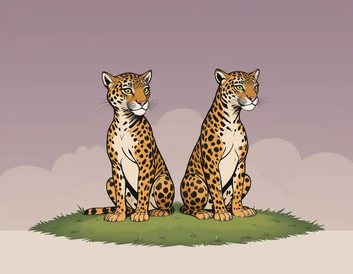Two jaguars standing alert on a green lawn by a cabin