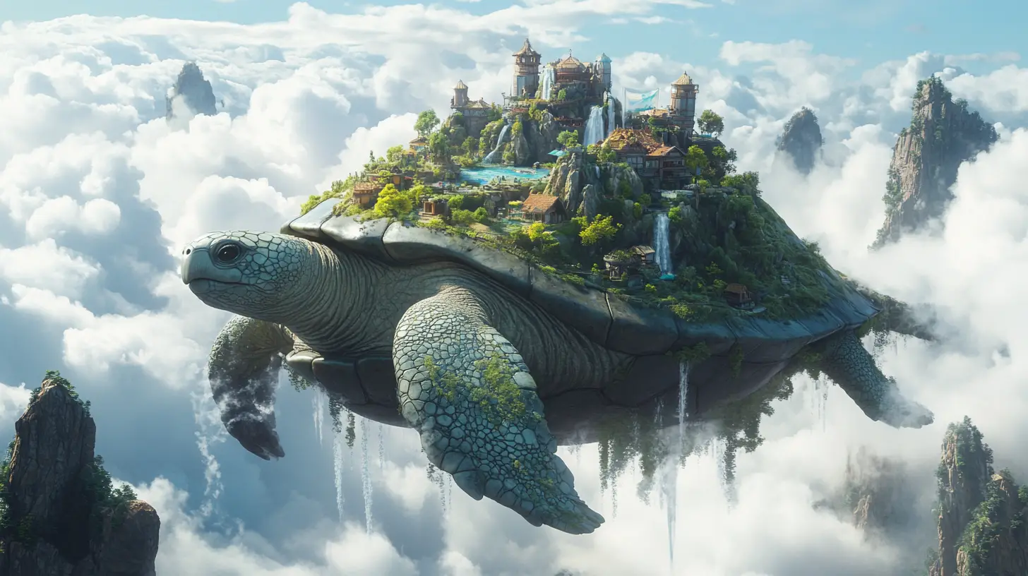 Antica tartaruga che porta un mondo fantasy fluttuante tra le nuvole