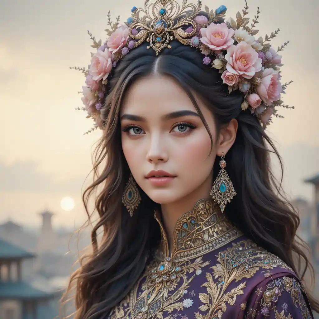 Regal girl portrait with blue eyes and floral hairpiece