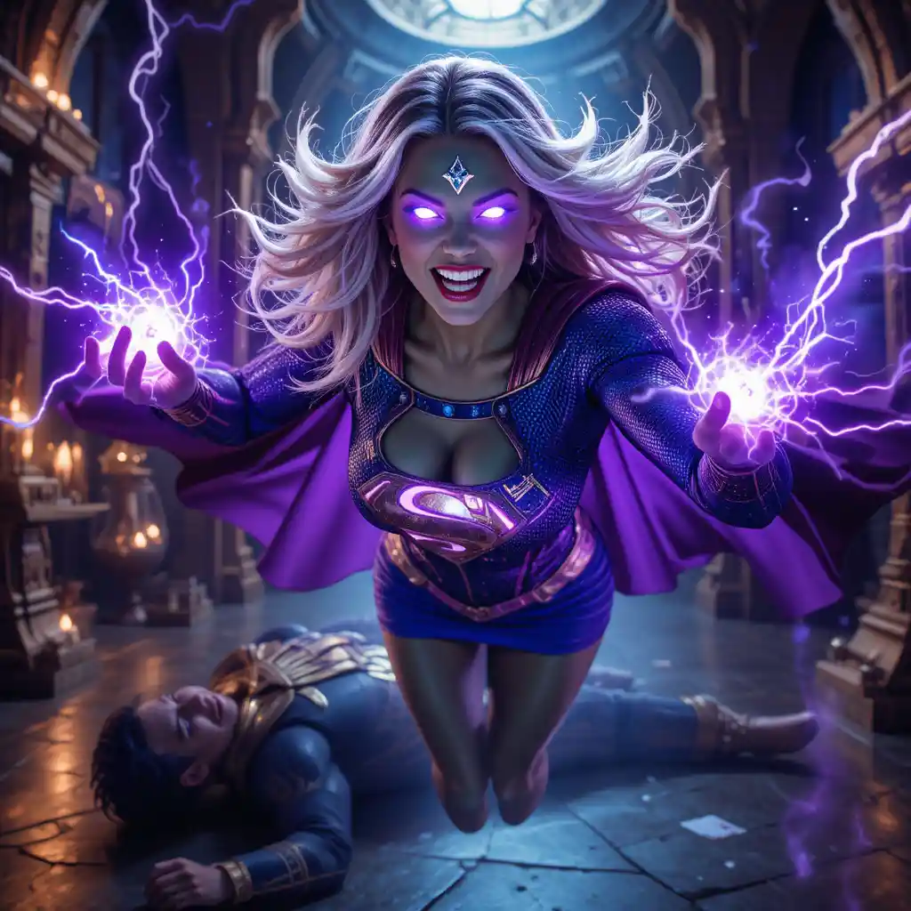 Powerful green skinned superwoman with glowing purple eyes