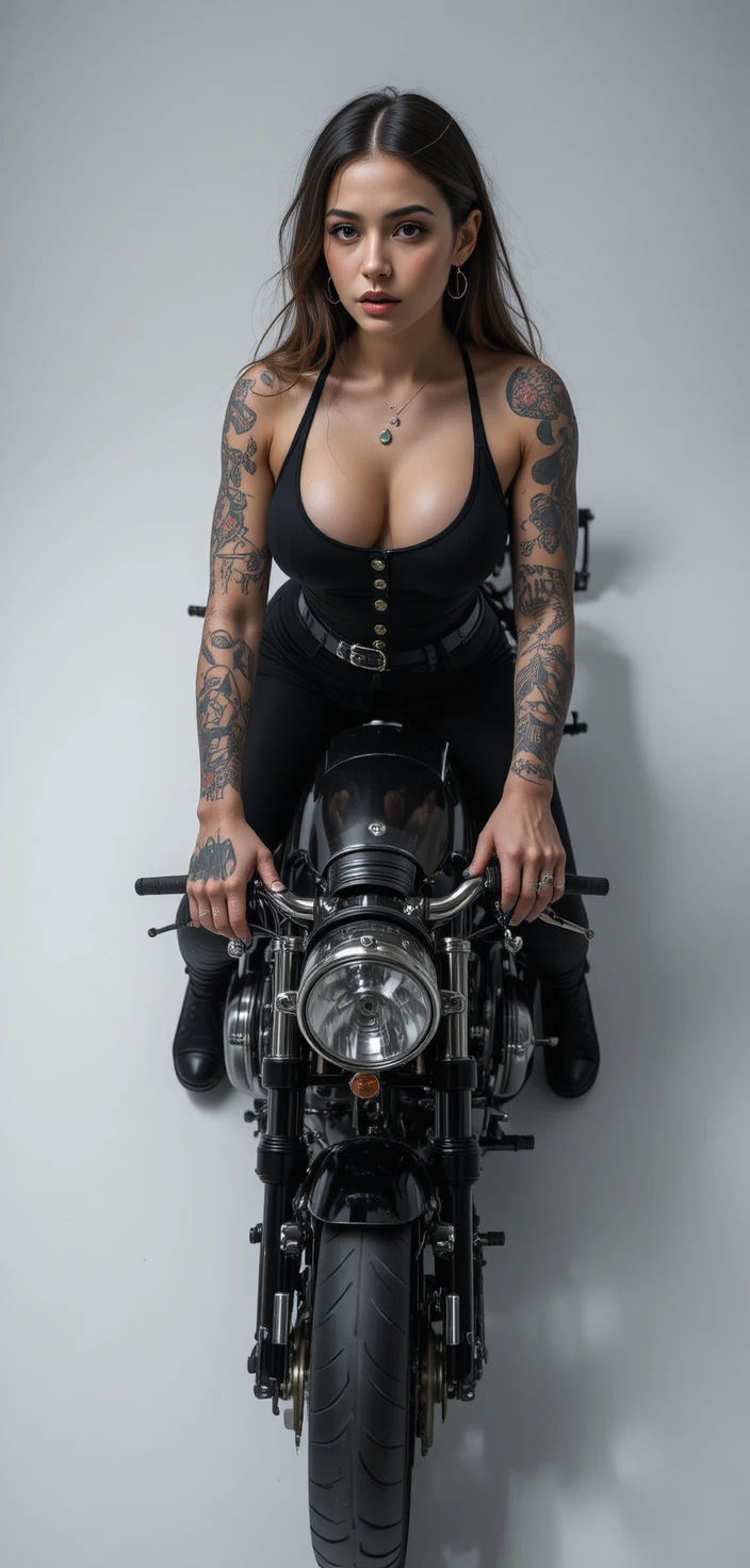 Vista aérea de mulher tatuada pilotando uma Harley