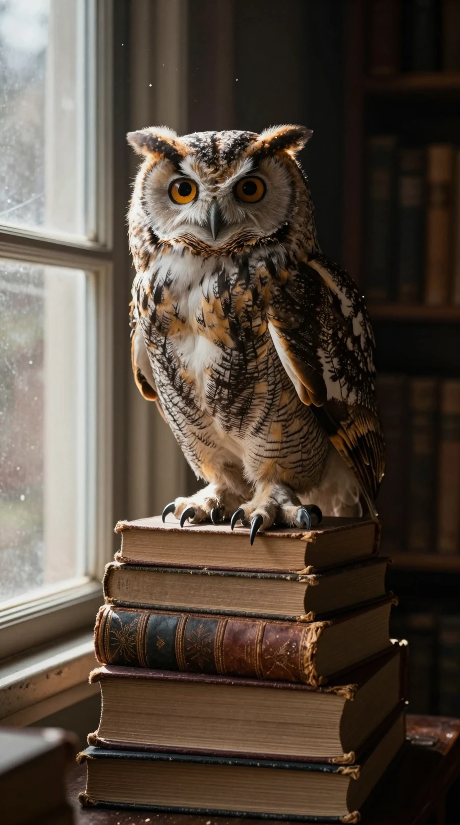 Wise owl on worn books in a softly lit study