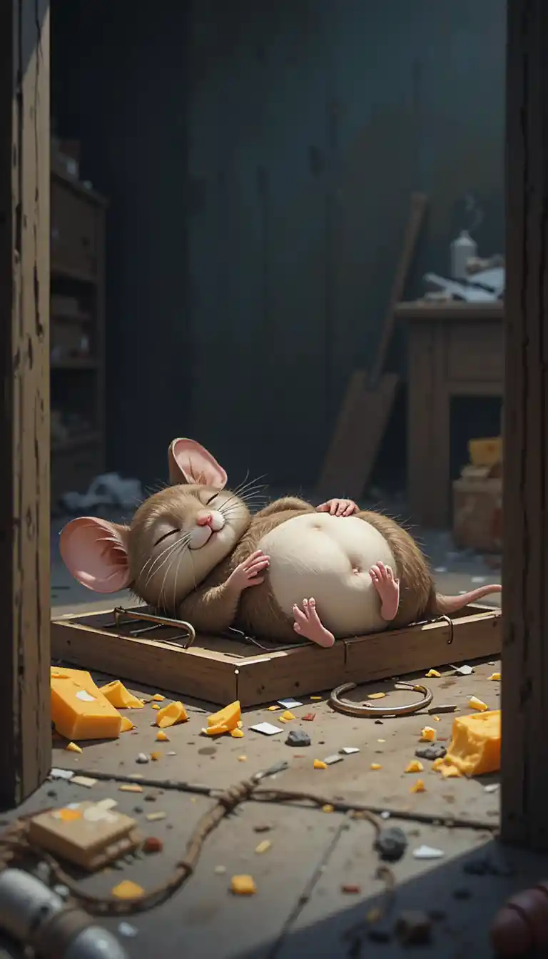 Playful mouse sleeping beside an unused mousetrap