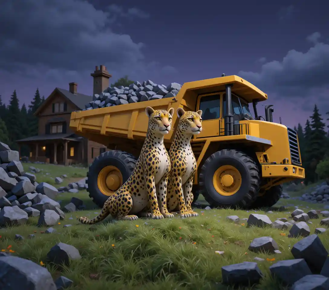 Two jaguars standing alert on a green lawn