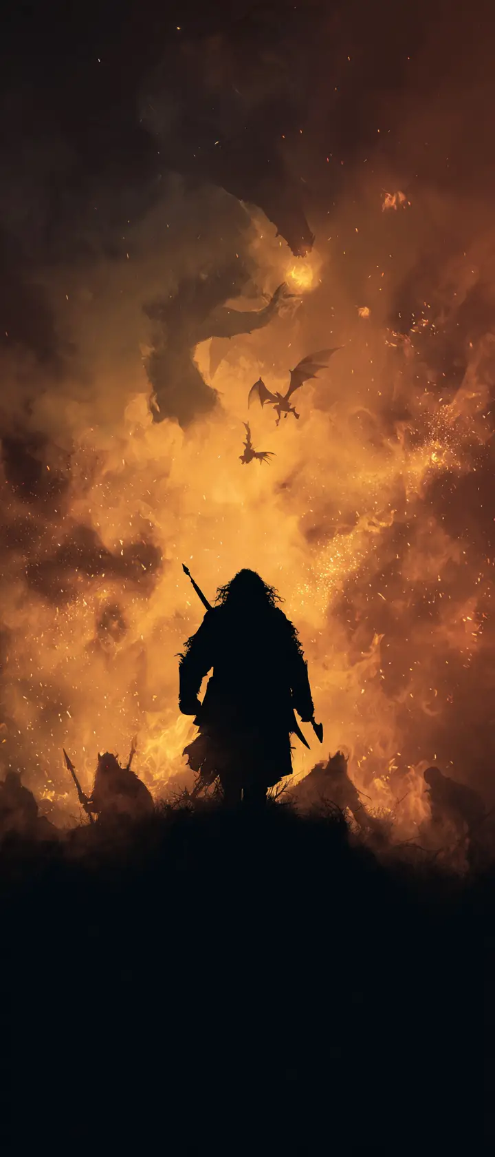 Close up silhouette of an old dwarf warrior in battle