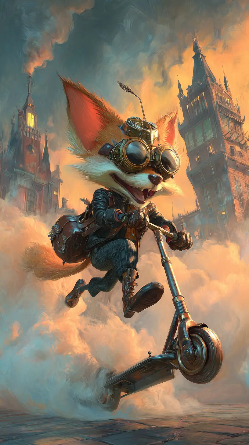 Steampunk-Fuchs fährt Scooter im Industrie-Stadt-Sonnenuntergang