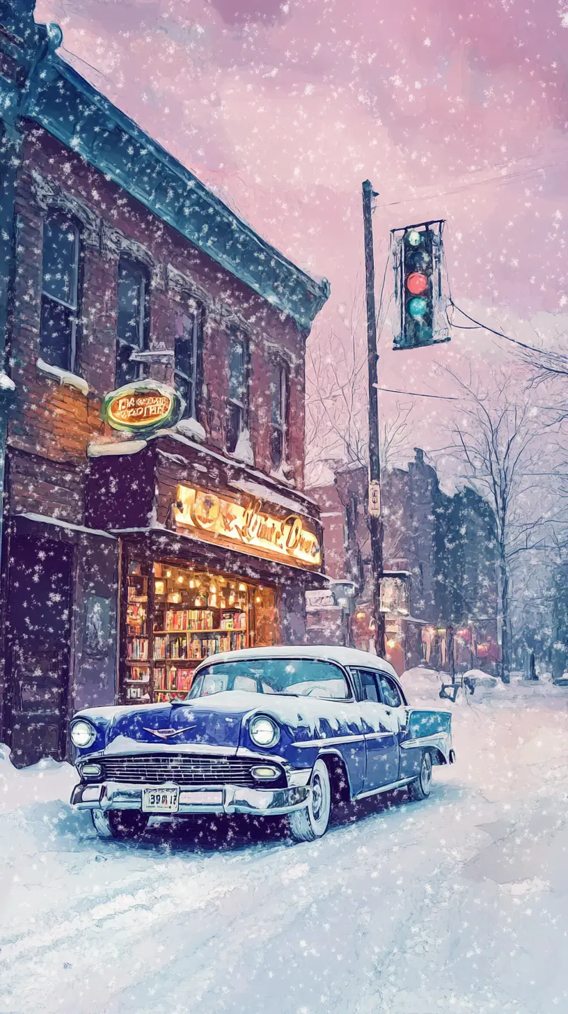黃昏雪景街道、老式汽車與書店