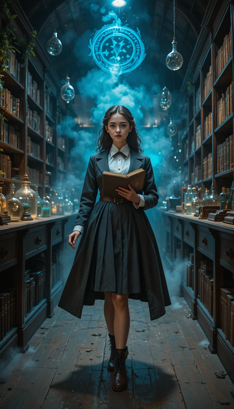 Ragazza entra nel laboratorio magico della scuola da un portale in biblioteca