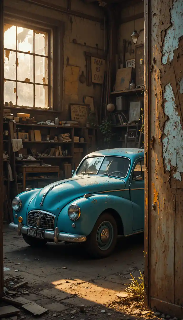 Coche azul vintage oculto en un garaje cálido bañado por el sol