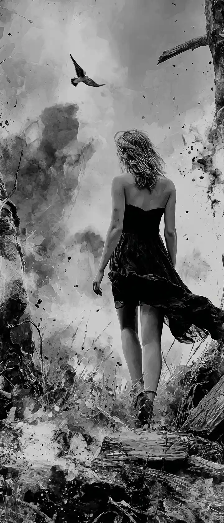 Gothic woman in a dark cornfield with dramatic watercolor light