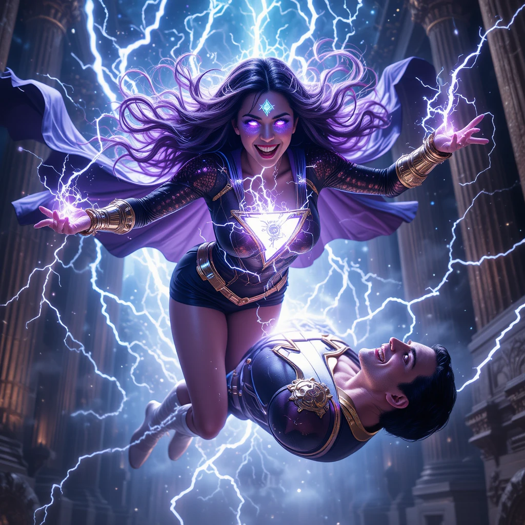 Heroína cósmica oscura dominando a un superhéroe caído