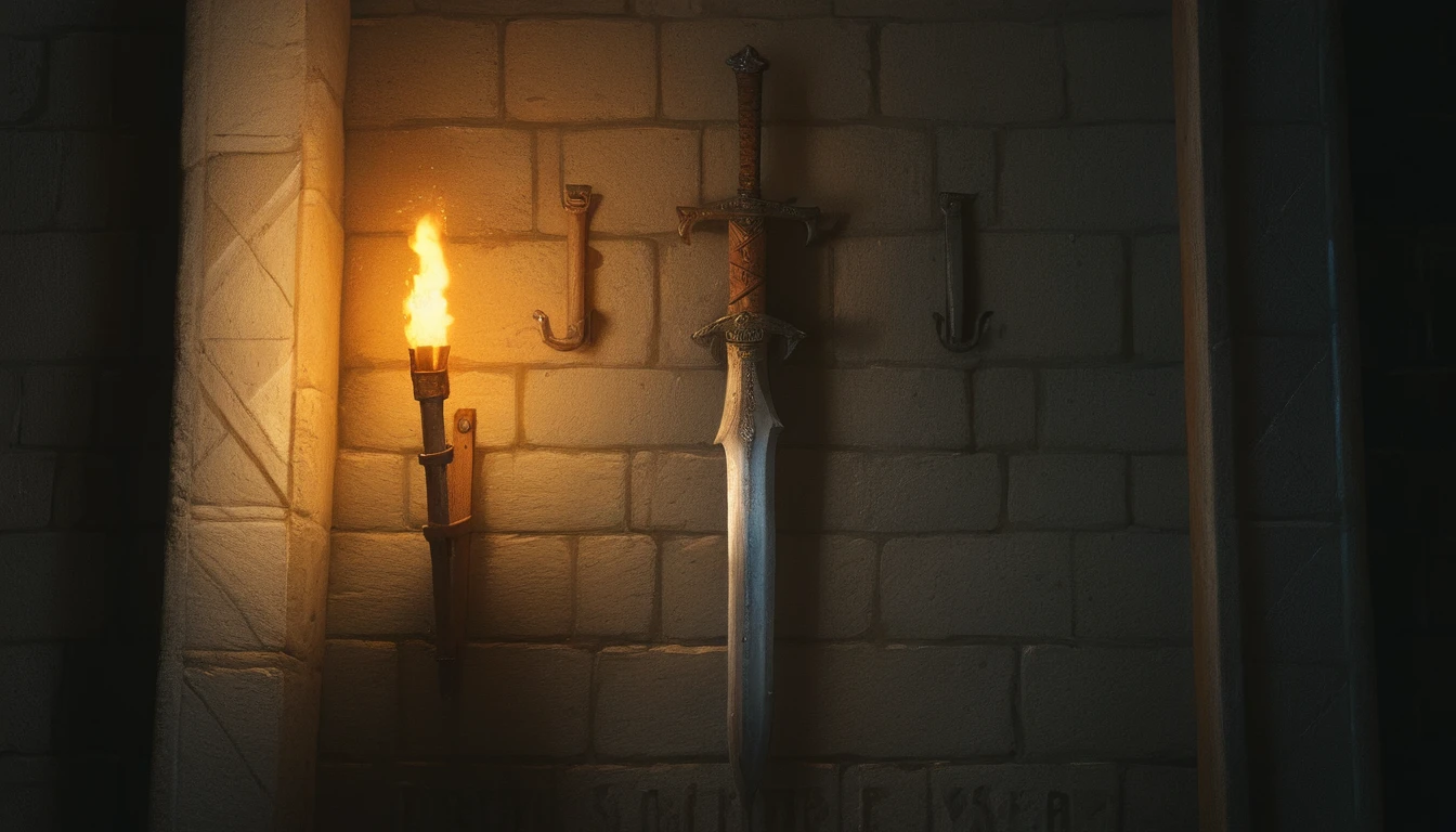 Espada antiga de duas mãos pendurada na parede de um castelo