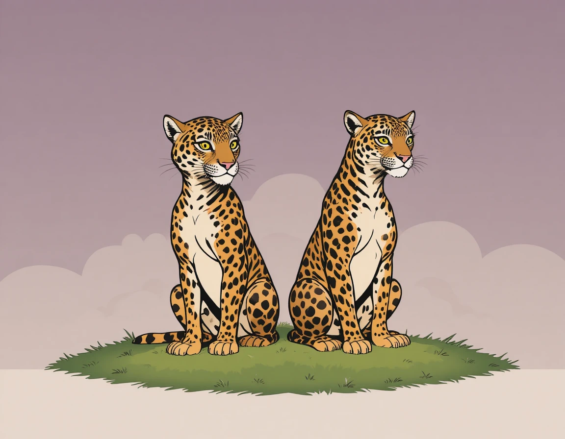 Dois jaguares em alerta em um gramado verde ao lado de uma cabana