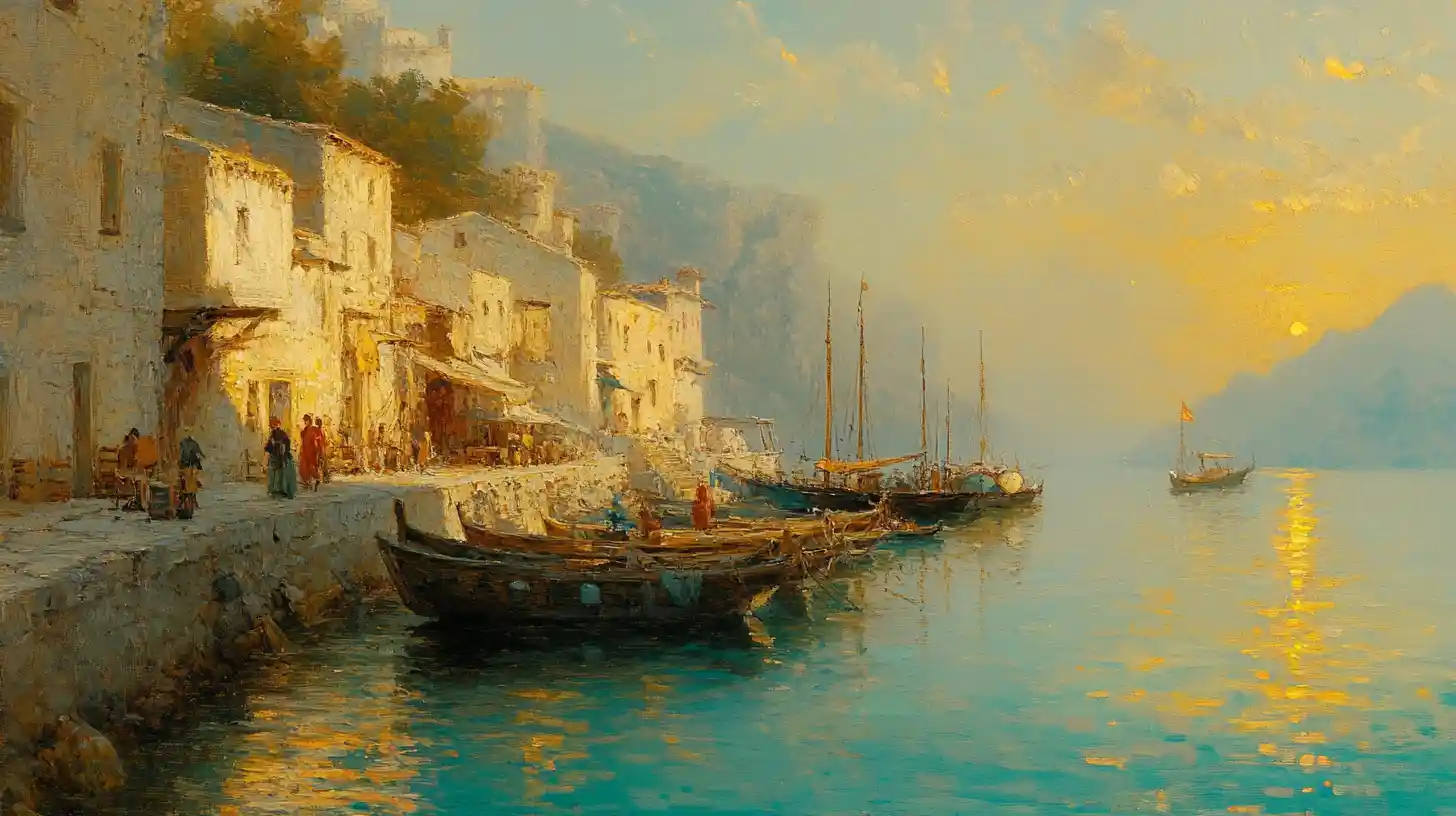 Villaggio di pescatori dorato sulla costa al tramonto sereno del Mediterraneo