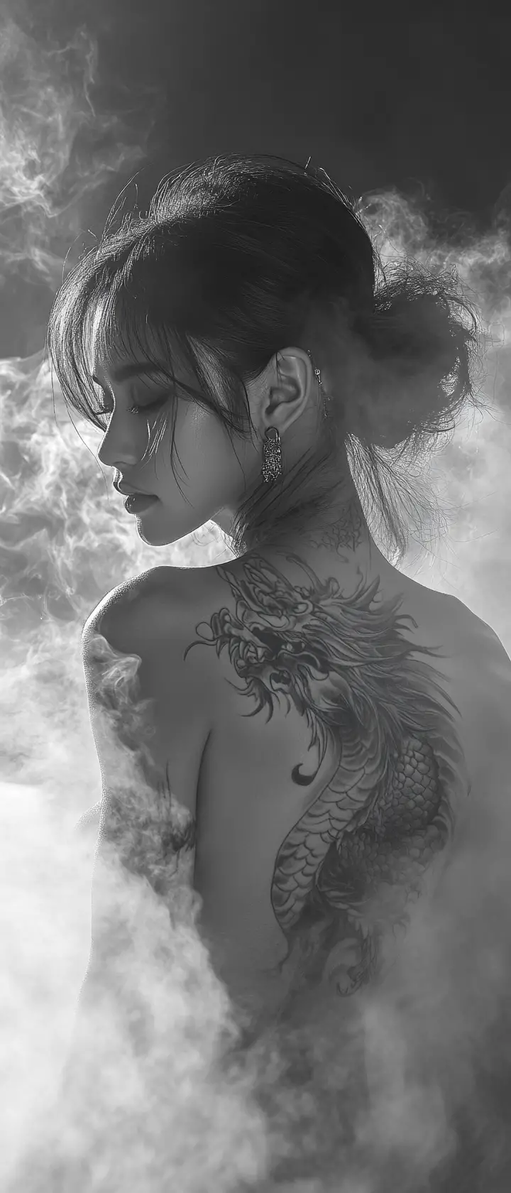 연기 자욱한 흑백 분위기의 용 문신 여성