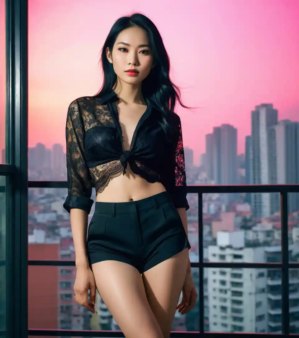 네온 도시 아파트 발코니에 선 실크 차림의 베트남 여성