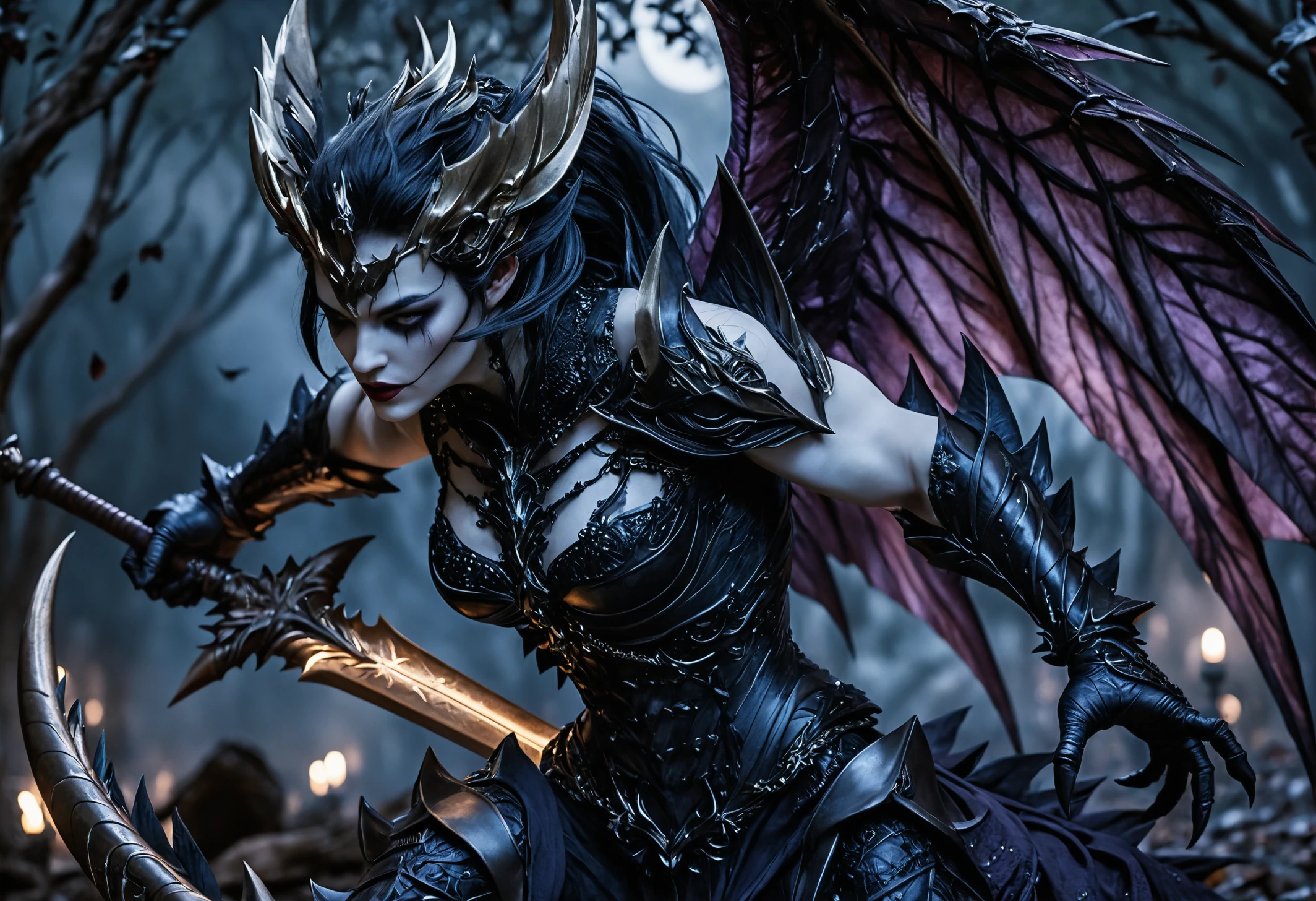 Mystical full body woman in dark gothic moonlight