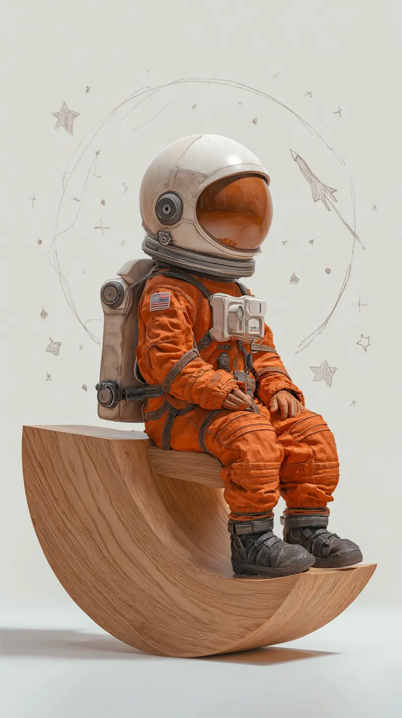 Baby-Astronaut im orangefarbenen Anzug auf hölzernem Halbmond