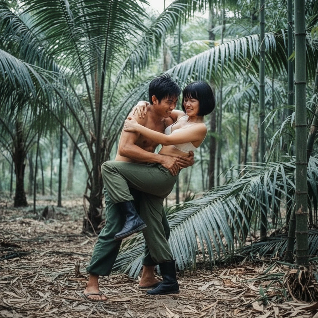 Combate corpo a corpo descontraído entre soldados vietnamitas sem camisa