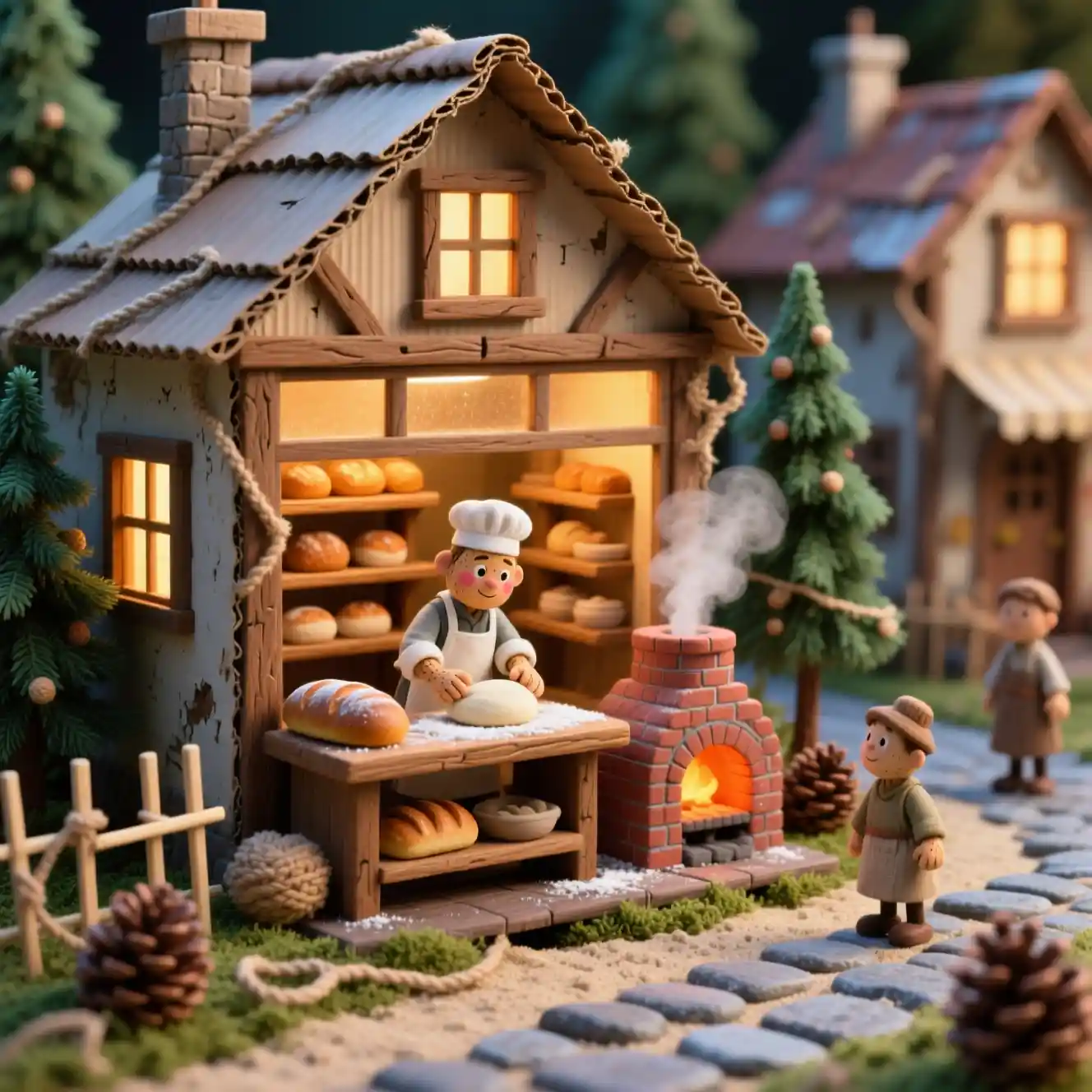Pequeña panadería de pueblo en miniatura hecha a mano con cálido resplandor en la ventana