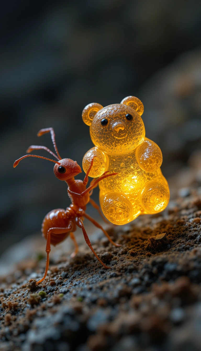 Tiny red ant carrying a glowing gummy bear in macro view