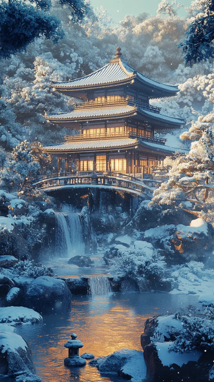 Antikes japanisches Pagoden-Gefängnis im Schnee mit olivgrünem Licht