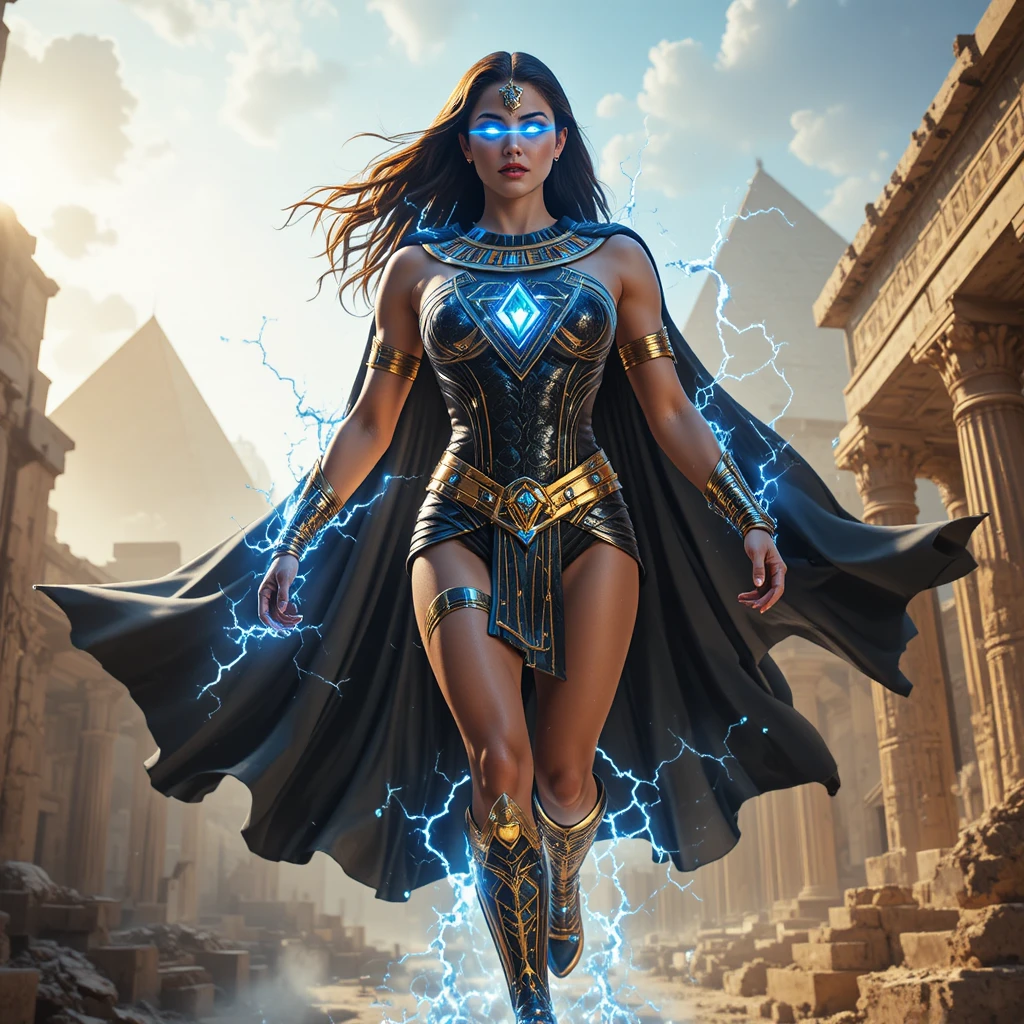 Superpowered egyptian inspired heroine flying over ancient ruins