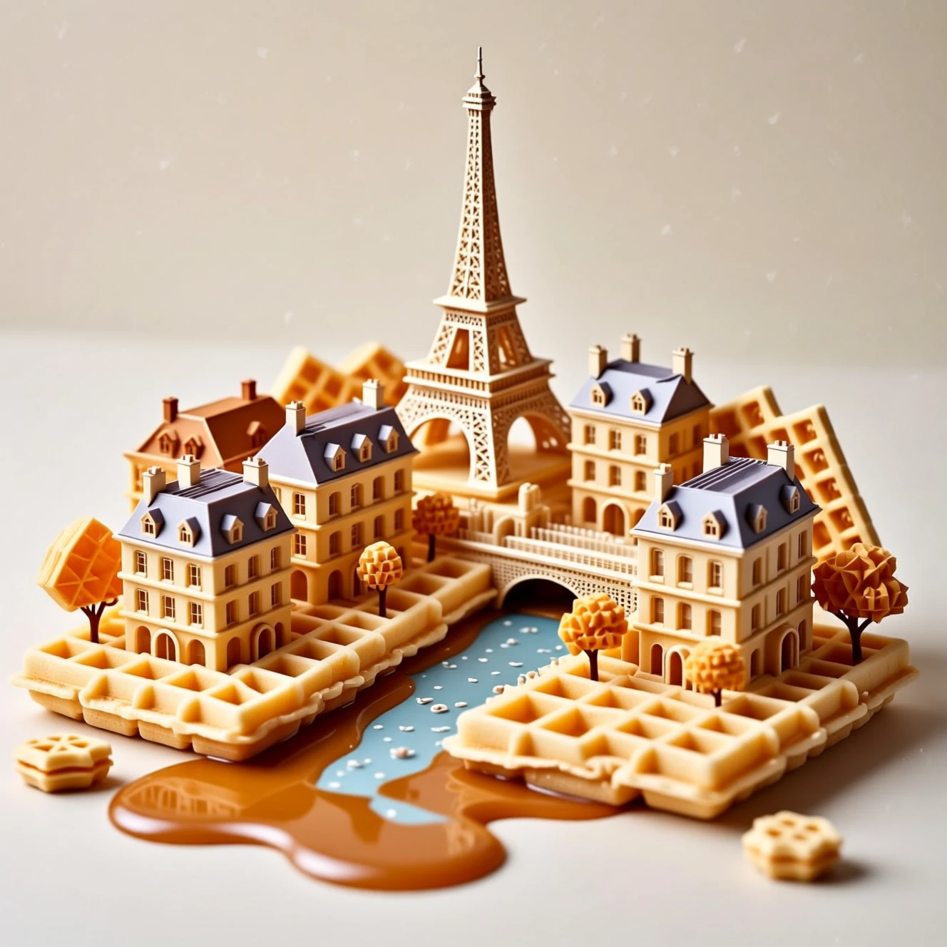 Cidade de Paris em miniatura feita de waffle com rio de calda em fundo neutro
