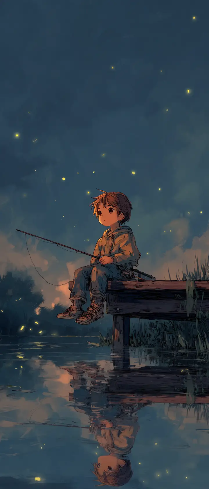 Young boy fishing alone on a quiet lakeside pier at dusk