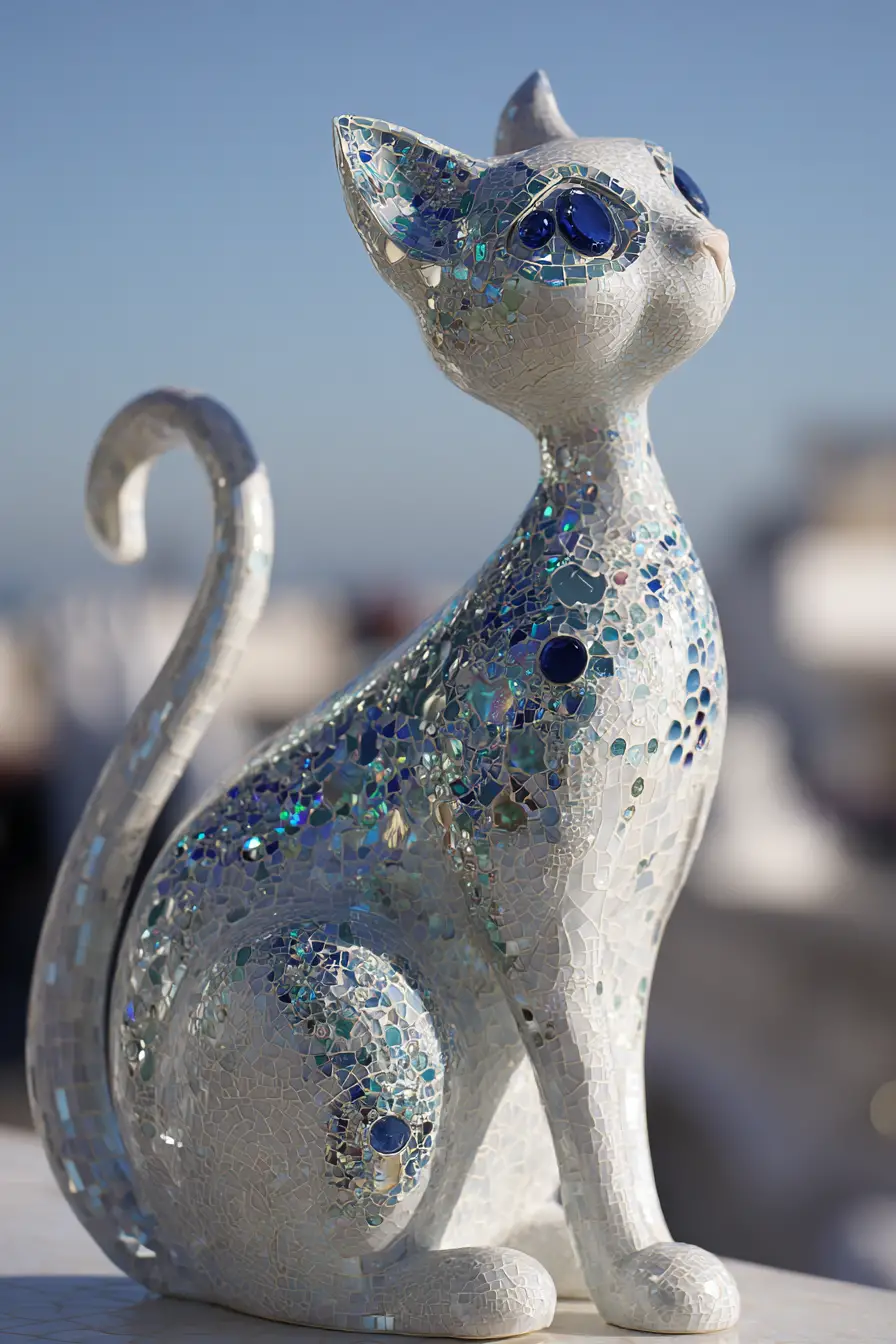 Sculpture stylisée de chat bleu glacé dans une scène hivernale