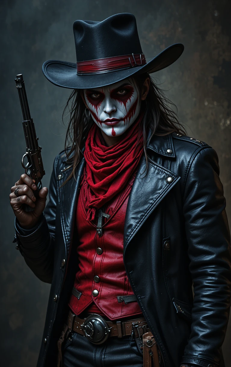 Cowboy atirador com sobretudo preto e lenço vermelho