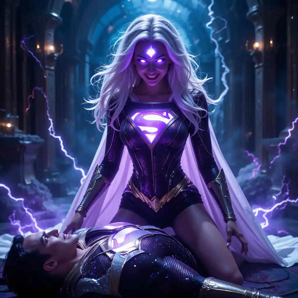 Dark sorceress draining a hero with cosmic purple power
